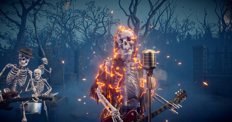 Halloween party: creepy skeleton band playing rock. Scary skeleton in burning robe playing guitar.