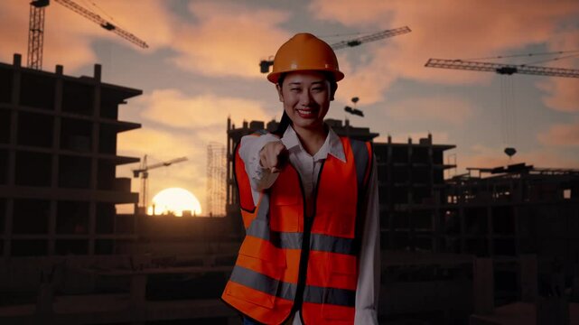 Asian Female Engineer With Safety Helmet Smiling And Touching Her Chest Then Pointing At You While Standing At Construction Site in Progress to New House