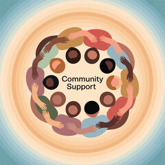 Vector illustration depicting community support and unity amongst diverse individuals symbolizing connection and collaboration for social benefit