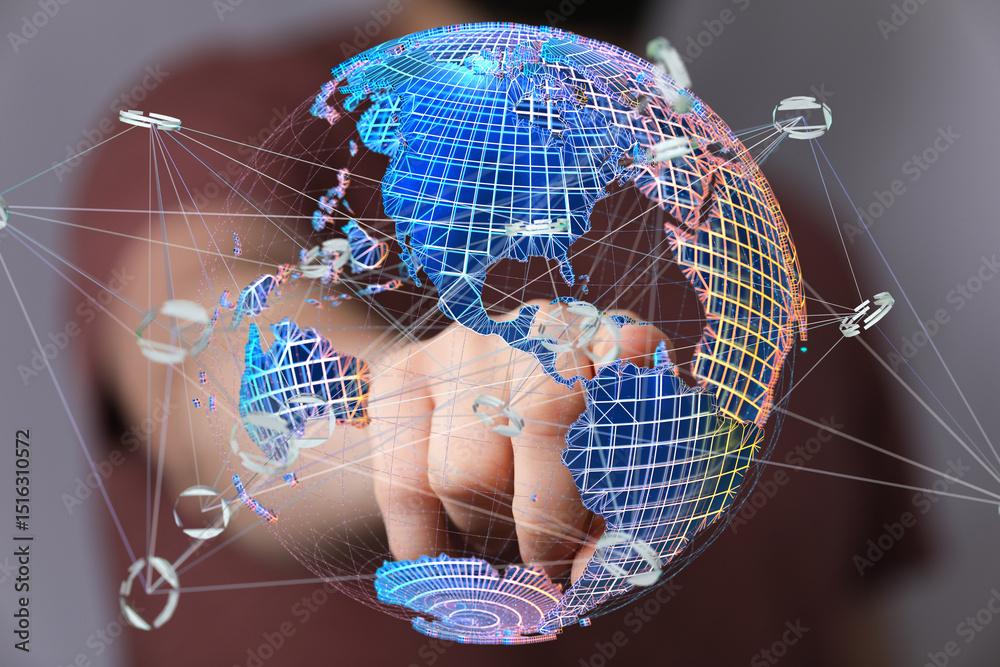 Fototapete high-quality stock photo of a hand interacting with a digital globe, representing global connections