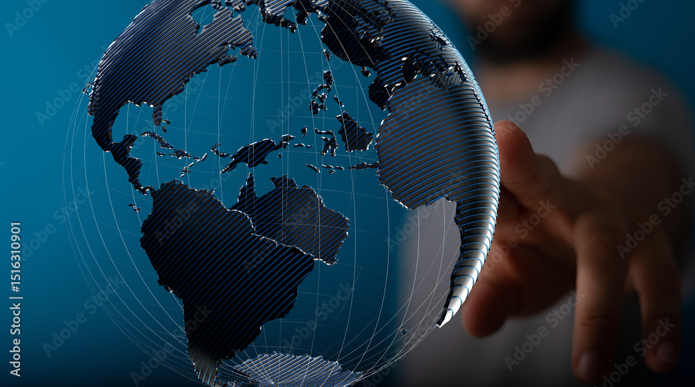 Leinwandbilder Abstract image of a hand reaching towards a digital globe, representing global connectivity and networking.