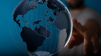 Abstract image of a hand reaching towards a digital globe, representing global connectivity and networking.