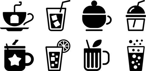 Black and white beverage icons tea coffee juice