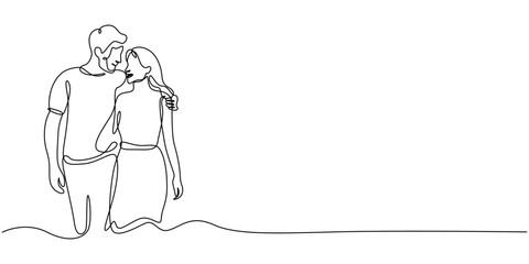 Continuous single line drawing of a couple holding hands and walking, Continuous one line drawing of young Couple Walking Together. Single line drawing illustration of romantic back view couple.