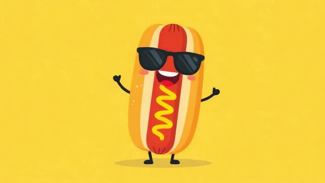 Happy Dancing Hot Dog Food Character on a Yellow Background. Seamless Loop