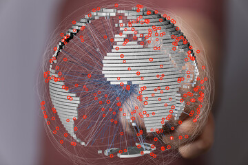 Abstract image of a digital globe with interconnected data points, representing global network...