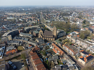 Aerial view of a historic church Sint Dominicuskerk in Tiel, Netherlands