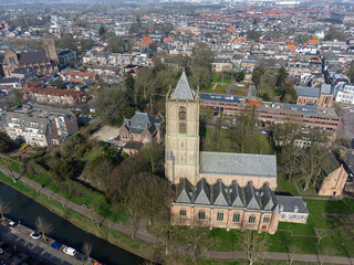 Aerial view of a historic church tower St. Maartenskerk in Tiel, Netherlands