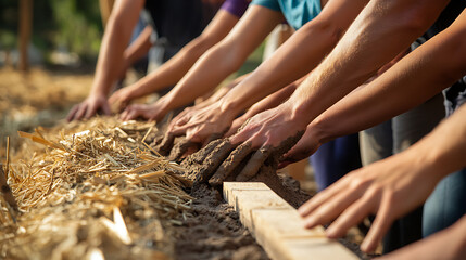 Group of hands working together to build with natural materials