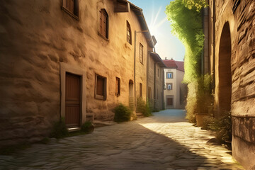 Fototapeta premium Sunlit Stone Alley in Old European Town