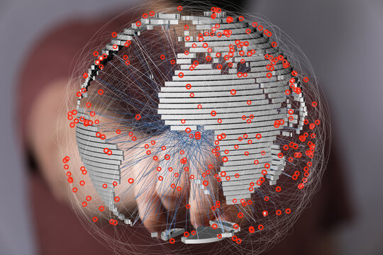 Interactive 3D world map showing global network connections and data flow.