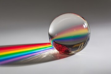 a rainbow-colored light beam passing through a crystal ball, splitting into a spectrum of vivid colors on a polished surface, captured in a high-end