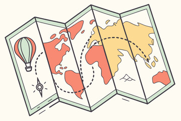 Stylized generic folded map with a dotted path highlighted from start to a destination marker, adventure and exploration journey gradients