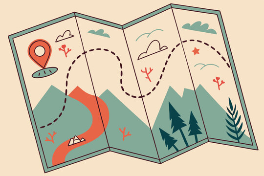 Stylized generic folded map with a dotted path highlighted from start to a destination marker, adventure and exploration journey gradients