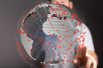 3D model of Earth showcasing interconnected data points, illustrating global communication and...