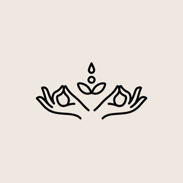 Minimalist line art illustration depicting mudra hands symbolizing wellness mindfulness and spiritual practices