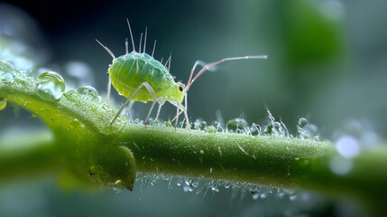 Super macro view of tiny insect on a dewy plant stem
