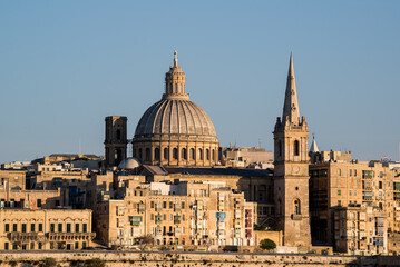 Fototapeta premium View of a part of Valletta city and the dome of Carmelite Church at the middle, at the island of Malta in the Mediterranean Sea. 