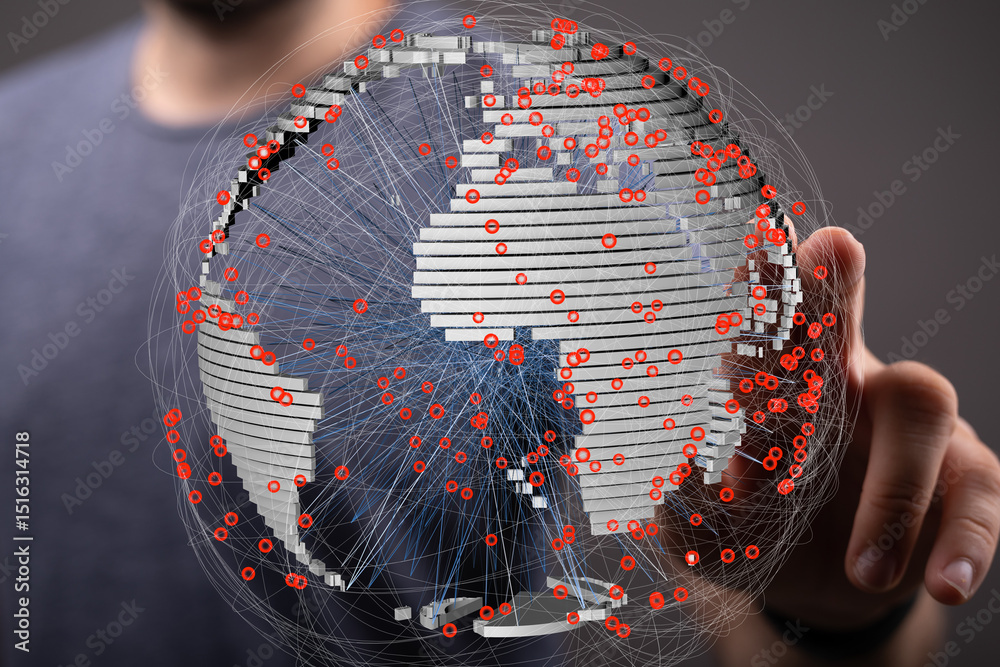 Poster visual representation of interconnected global data streams and network infrastructure.