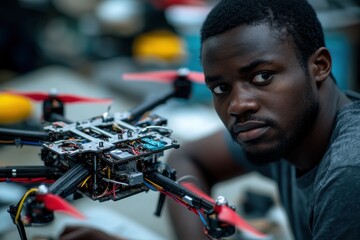 Serious engineer conducting final assembly on a drone project, showcasing the growth of robotics, electronics innovation, and creative problem-solving.