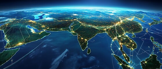 Malaysia economic trade routes with glowing fiber optic cables linking ports and factories satellite view stylized tech map