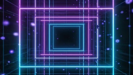 A dark, infinite digital grid vertical neon lines magenta, cyan, electric blue, abstract data tunnels. Lines distort heartbeat binary particles light flares Cinematic camera glides sci-fi, volumetric - Powered by Adobe