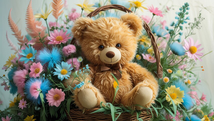 Cute Cartoon Teddy Bear with Flowers Greeting Card Illustration
