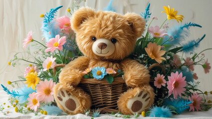Cute Cartoon Teddy Bear with Flowers Greeting Card Illustration