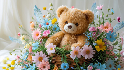 Cute Cartoon Teddy Bear with Flowers Greeting Card Illustration
