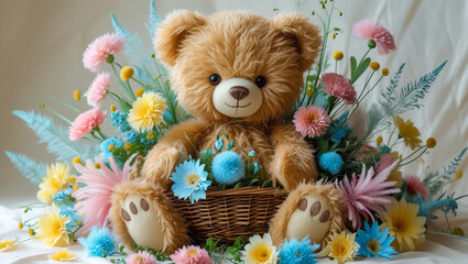 Cute Cartoon Teddy Bear with Flowers Greeting Card Illustration