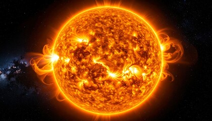 Sun with Solar Flares, Space, and Cosmos.
