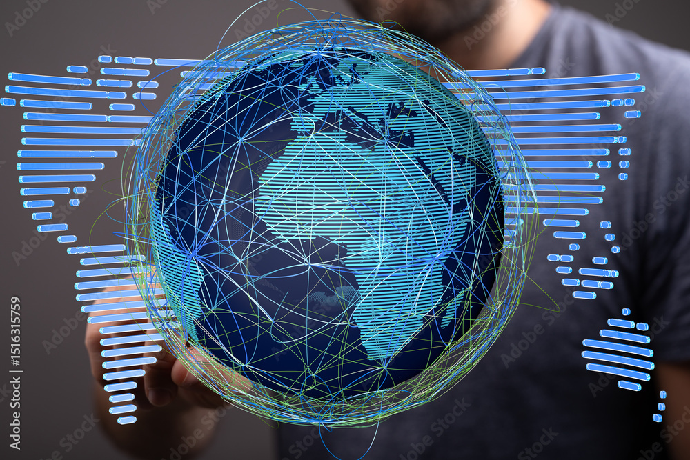 Poster stock photo of a person interacting with a digital globe, showcasing global network connections.
