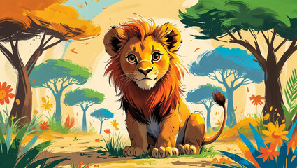 Digital Painted Lion in Lush Jungle Wildlife Illustration