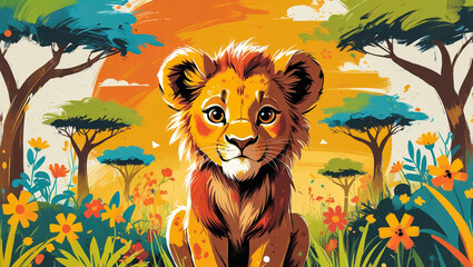 Digital Painted Lion in Lush Jungle Wildlife Illustration