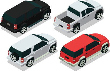 Isometric family car, SUV, pickup truck