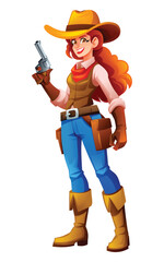 Cowgirl with revolver and confident smile, ready for action. Vector cartoon character illustration