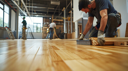 Obraz premium Worker Installing Wooden Flooring in a Modern Building