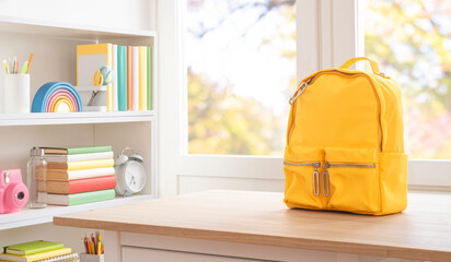 School supplies and yellow schoolbag on wooden table with copy space. Original work - no AI used
