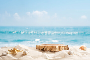 Wooden podium and shells in beach sand for your product display on blurred tropical sea background. Original work - no AI used