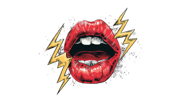 Open red mouth with lightning bolts on each side expressing anger, strength and power, ideal for protest and rock and roll concepts on a transparent background