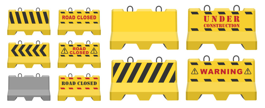 Realistic concrete road barrier icon symbol set. Road closed Traffic concrete barricades sign collection. Vector illustration image. Isolated on white background.