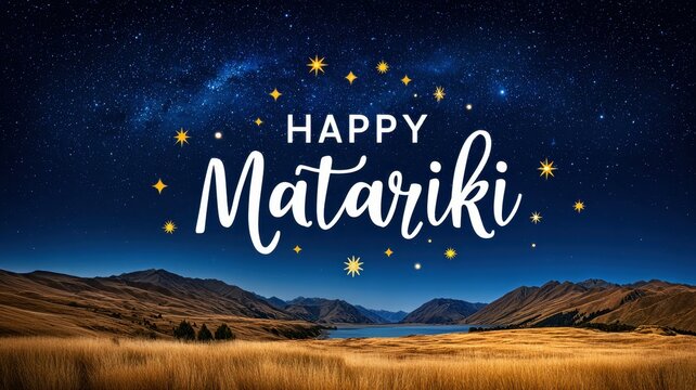 Happy Matariki Concept. Starry Night Sky Over New Zealand Mountains Celebrating Matariki Festival with Unique Views