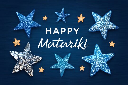 Happy Matariki Concept. Stylized Stars in Deep Blue Sky with Maori Patterns for Celebration or Festivity
