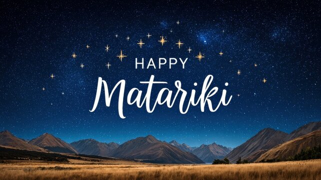 Happy Matariki Concept. Stunning Night Sky Over New Zealand Mountains with Matariki Celebration and Starry Background
