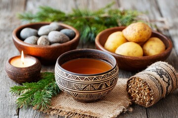 Happy Matariki Concept. Cozy Wooden Table with Hot Tea, Kumara, Candles, and Natural Elements for Relaxing Atmosphere