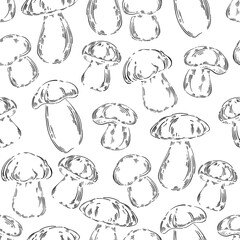Mushrooms, cep. Seamless vector pattern, monochrome contours on white. Hand drawn illustration. Perfect for design templates, wallpaper, wrapping, fabric, print and textile. 