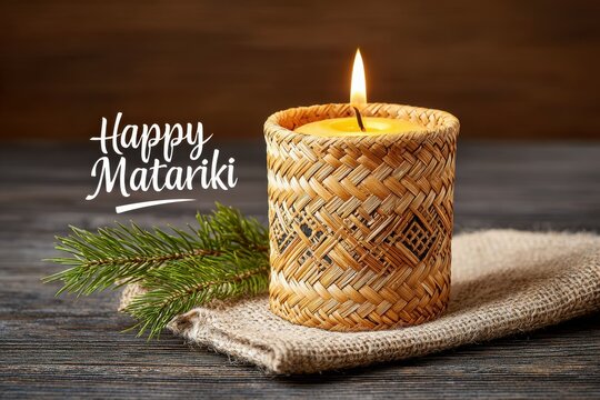 Happy Matariki Concept. Traditional Mori Flax Woven Candle Holder Illuminated by Candlelight with Natural Decor