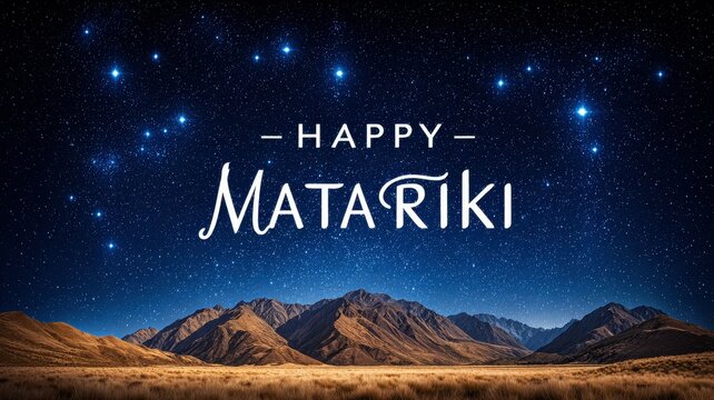 Happy Matariki Concept. Starry Night Sky Over New Zealand Mountains Celebrating Matariki Festival