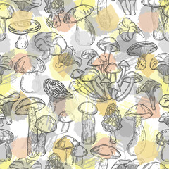 Mushrooms and leaves. Seamless vector pattern, monochrome contours and colored silhouettes on white. Hand drawn illustration. Perfect for design templates, wallpaper, wrapping, fabric, print and texti