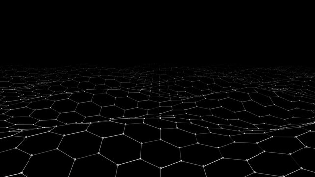 Abstract technology 3D rendering with metallic hexagonal wireframe. Grid in motion with spheres and lines on black with matte. Wavy hexagonal mesh